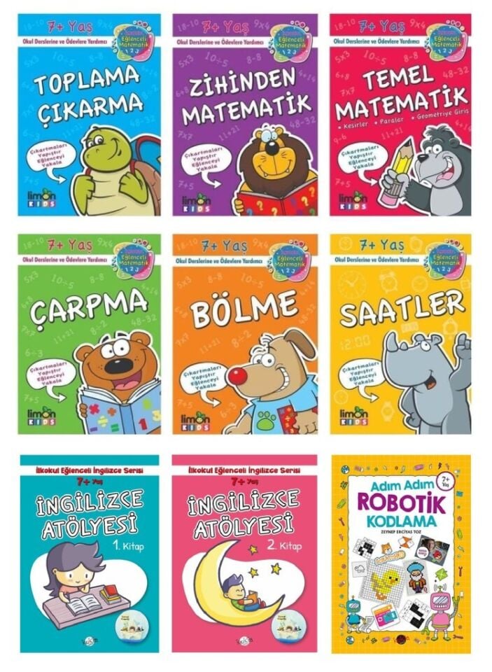 İlkokul 1. Sınıf Eğitim Seti 9 Kitap (Çarpma + Matematik Zihinden + Temel Matematik + Bölme + Saatler + Toplama Çıkarma + İngilizce + Kodlama)
