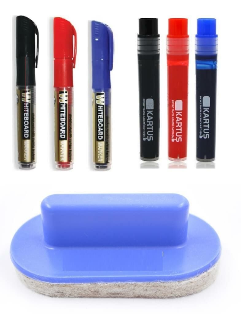 Kartuşlu Tahta Kalemi + Yedek Kartuş + Silgi 3 Renk (7 Parça)