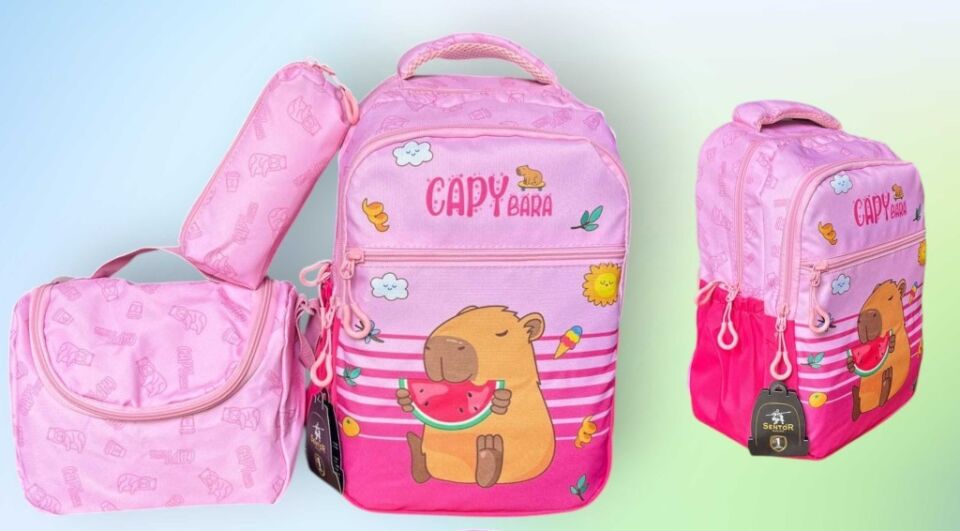 Sentor Pembe Capybara İlkokul Çantası + Beslenme Çantası + Kalemlik (3 Parça)