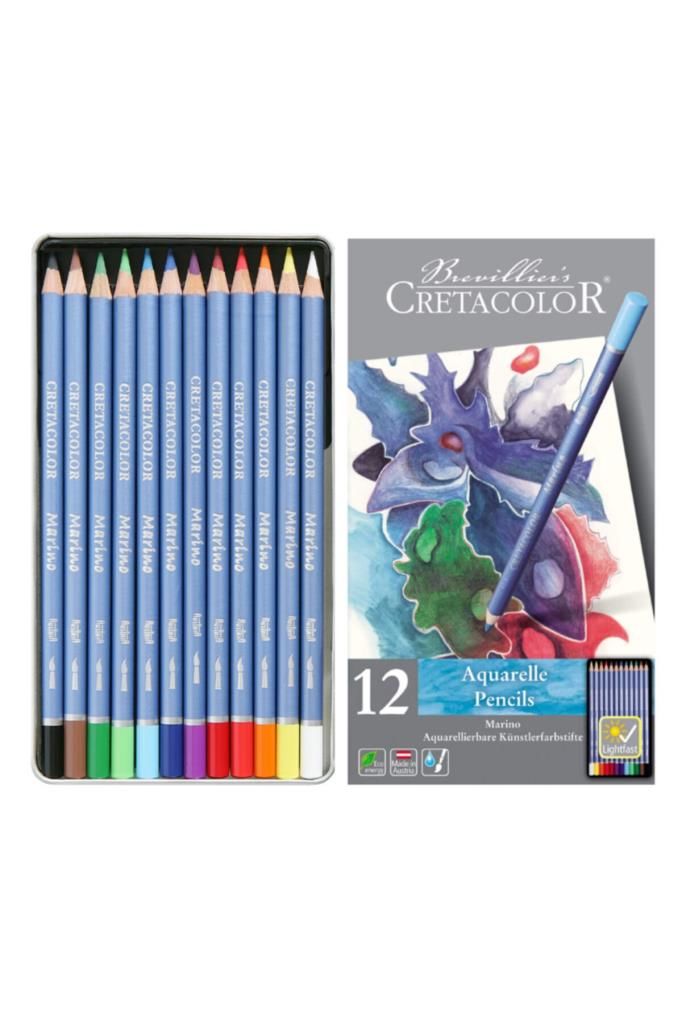 Marino Sulandırılabilir Kuru Boya Kalem Seti 12 Renk Metal Kutu