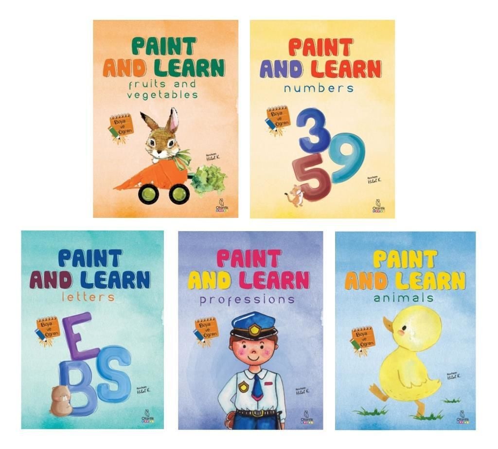 Okul Öncesi İngilizce Boya ve Öğren 5 Kitap Set (Meslekler - Sayılar - Harfler - Hayvanlar - Meyve ve Sebzeler)